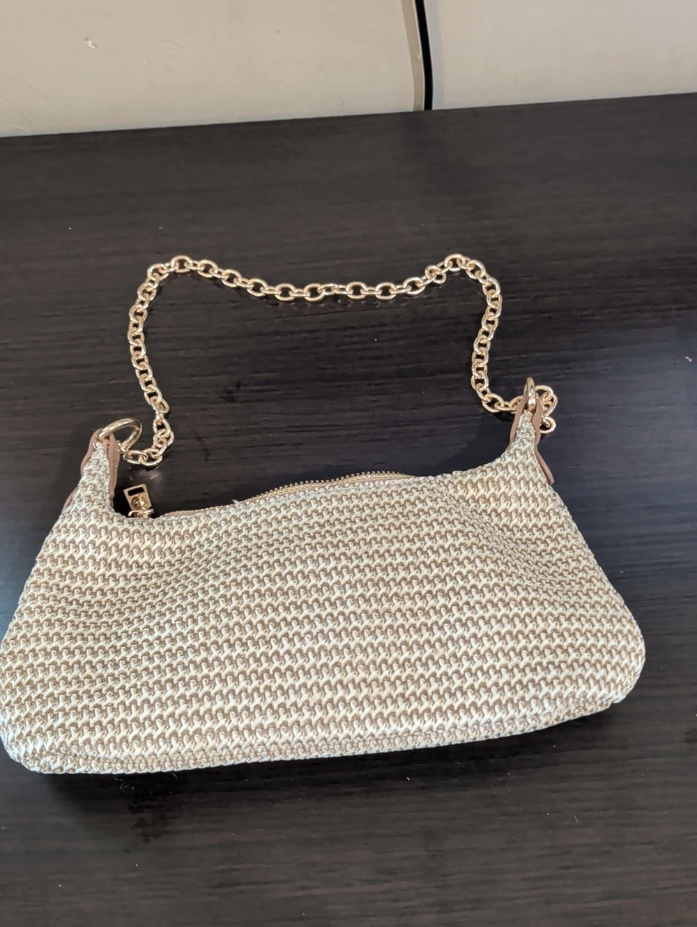 Cream Woven Tote with Gold Chain Strap
